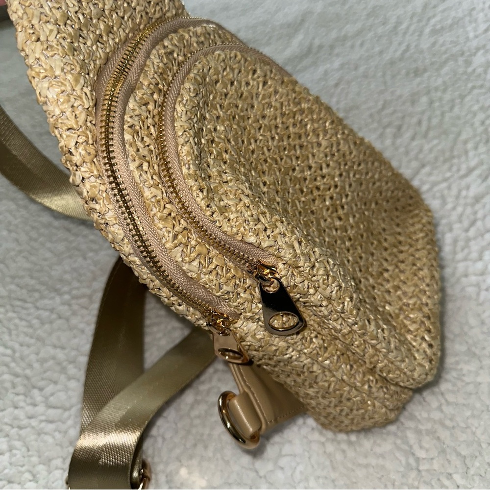 Urban Expressions straw woven crossbody sling bag adjustable strap zippers gold - Picture 4 of 15